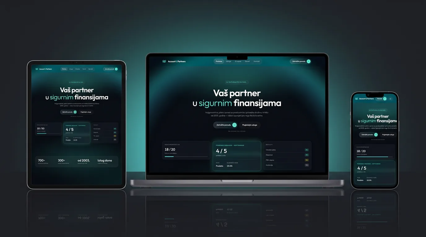 Sajt Account & Partners na laptopu, tabletu i telefonu