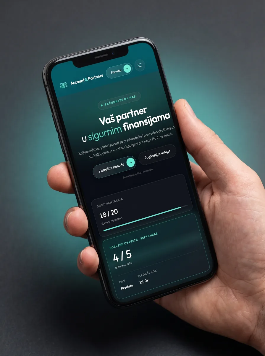 Mobilna verzija sajta Account & Partners u ruci