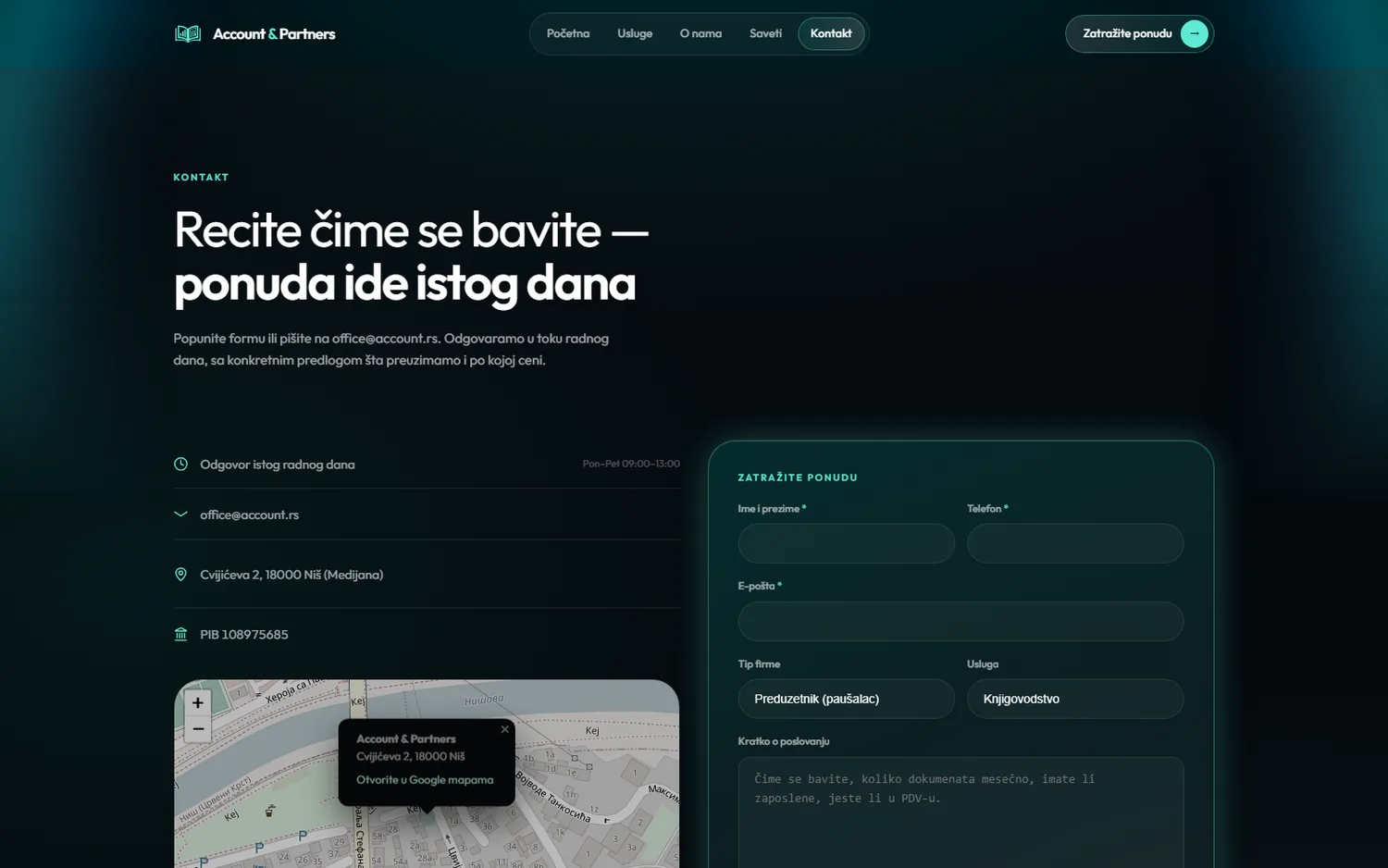 Kontakt stranica sa formom za ponudu