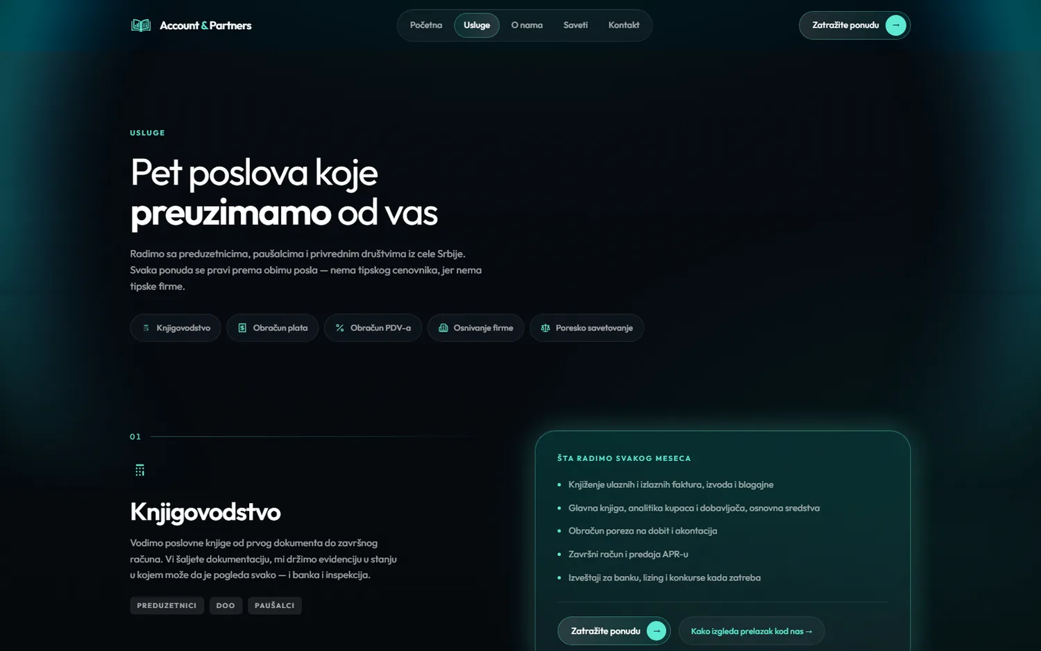 Stranica usluga na sajtu Account & Partners